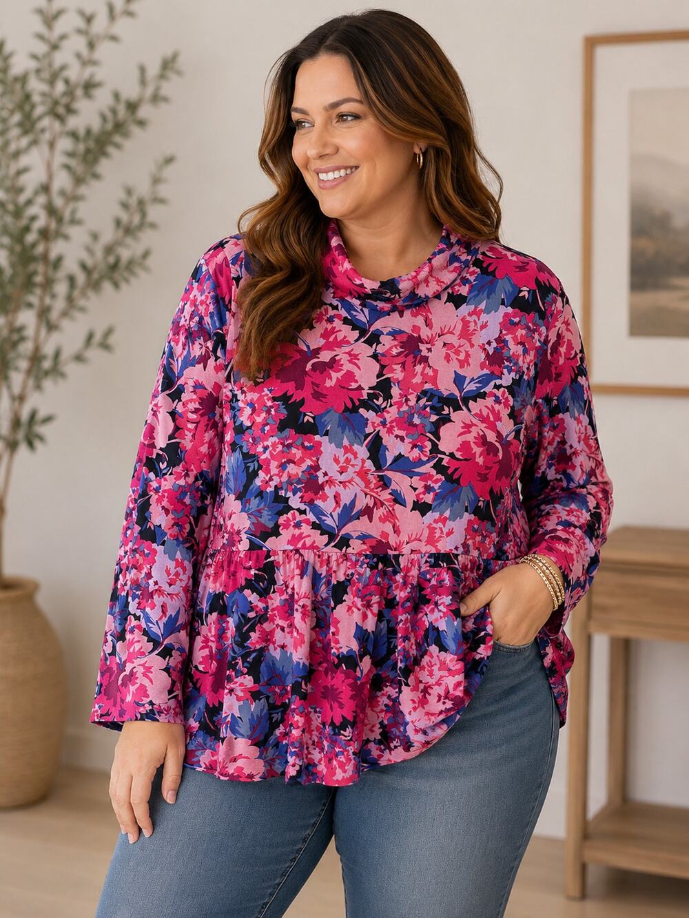 Isaac Mizrahi Live Floral Cowl Neck Peplum Tunic Top Plus Size 2X